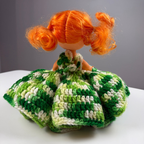 Vintage 70's - 80's Doll with Orange Hair and Green & White Crocheted Dress - Picture 3 of 9